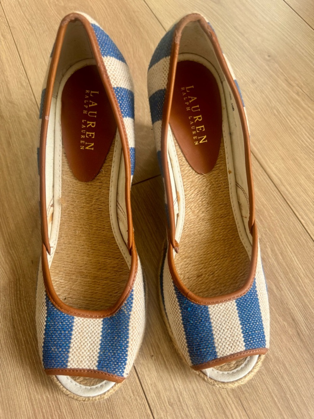 Lauren Ralph Lauren Blue & White Striped Peep-Toe Wedges (size 10)